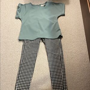 Teal Top and Black Checkered Pants Set
